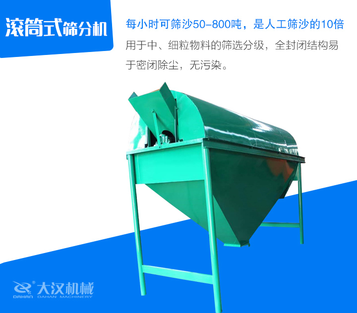 滾筒式篩分機用于中、細粒物料的篩選分級，全封閉結構易 于密閉除塵，無污染。